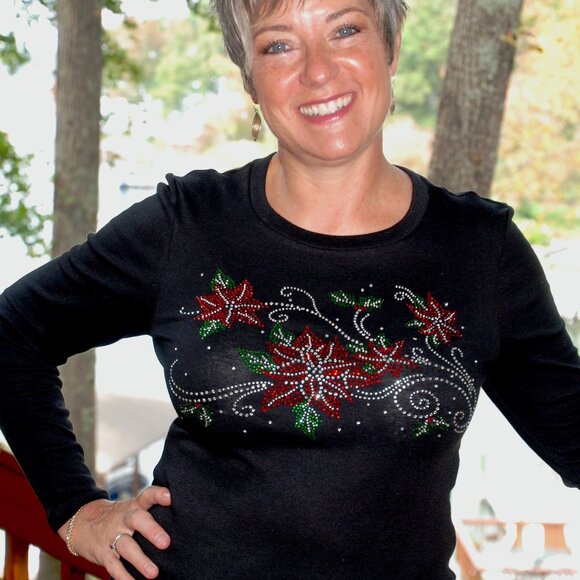 Christmas Poinsettias RN rhinestone long sleeved shirt XS S M L XL XXL 1X2X… - Picture 5 of 7